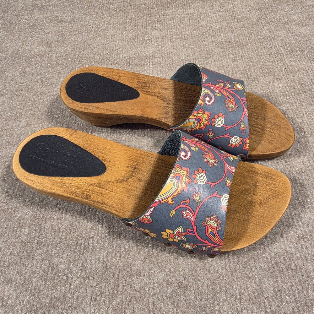 Sanita Women 37 Floral Paisley Wooden Clog Sandals Blue Red Leather Slide Wedge